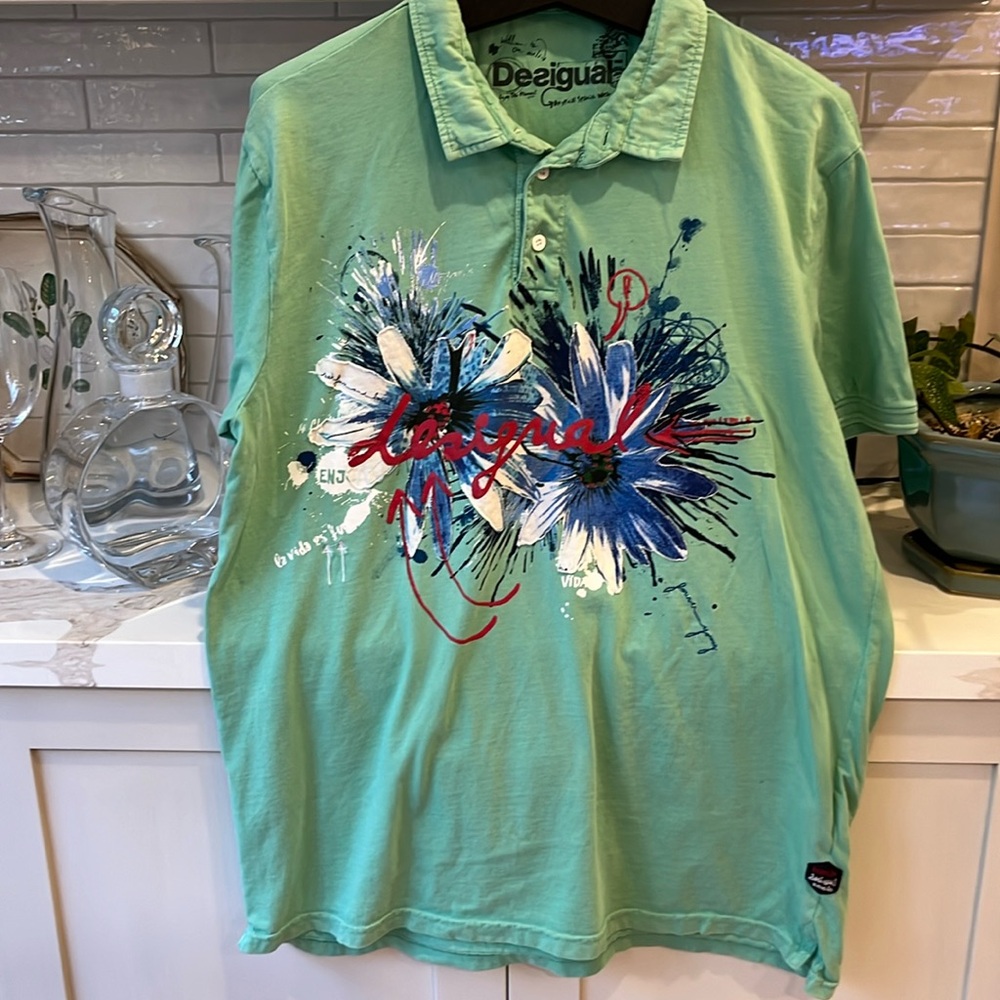 GUC Desigual mens light green short sleeve centre floral printed polo